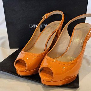 [USED] Emporio Armani Peep Toe High Heels Pumps, Orange, EU 37.5 (US 7)